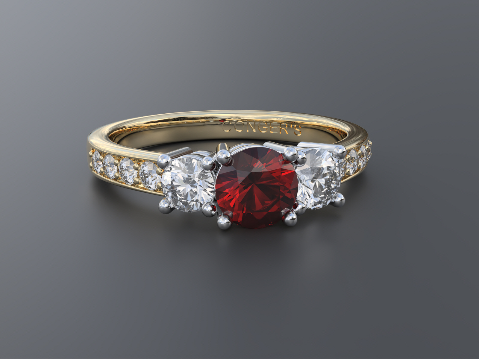 Ruby and Diamond Trinity Ring With Side Diamonds